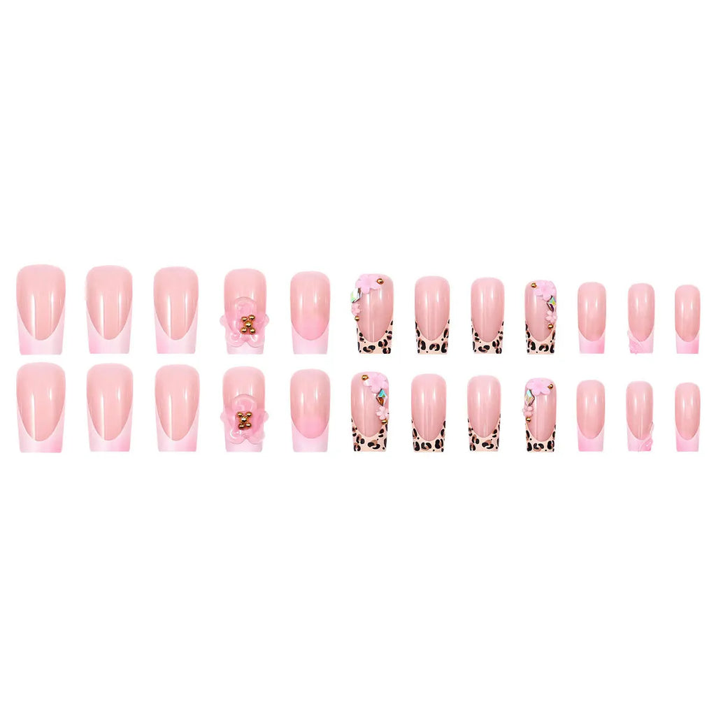 24pcs/Set Fake Nails for Women Girls Nude Color with Pink or Brown Flowers Leopard Print with Rhinestones Press On False Nails