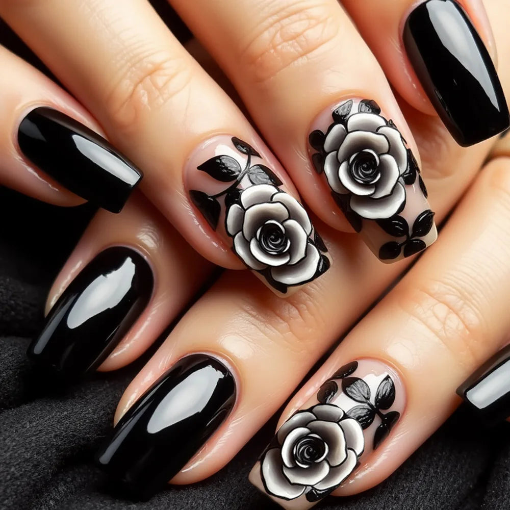 Medium long fake nails for women girls black red pink rose flowers for Valentine's Day square waterdrop shape press on nail art