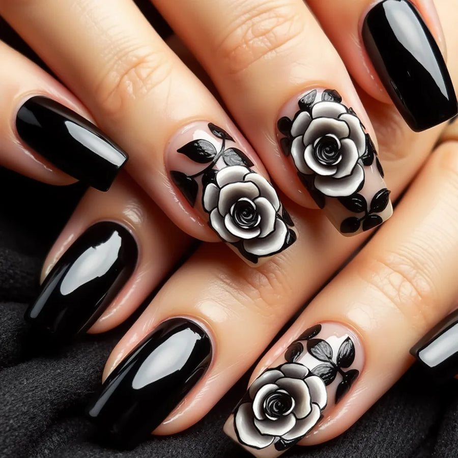 Black Red Rose Valentine's Press-On Nails – Medium Long Square Waterdrop