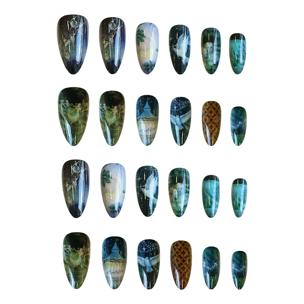 Moonlight Starry Night Art Press-On Nails – Almond, 24 Pcs