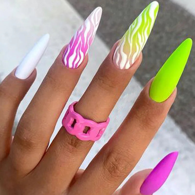 Medium long fake nails for women girls y2k Color Block Stripe Ballet Almond Nail tip Press-On False Nails Set for quick manicure