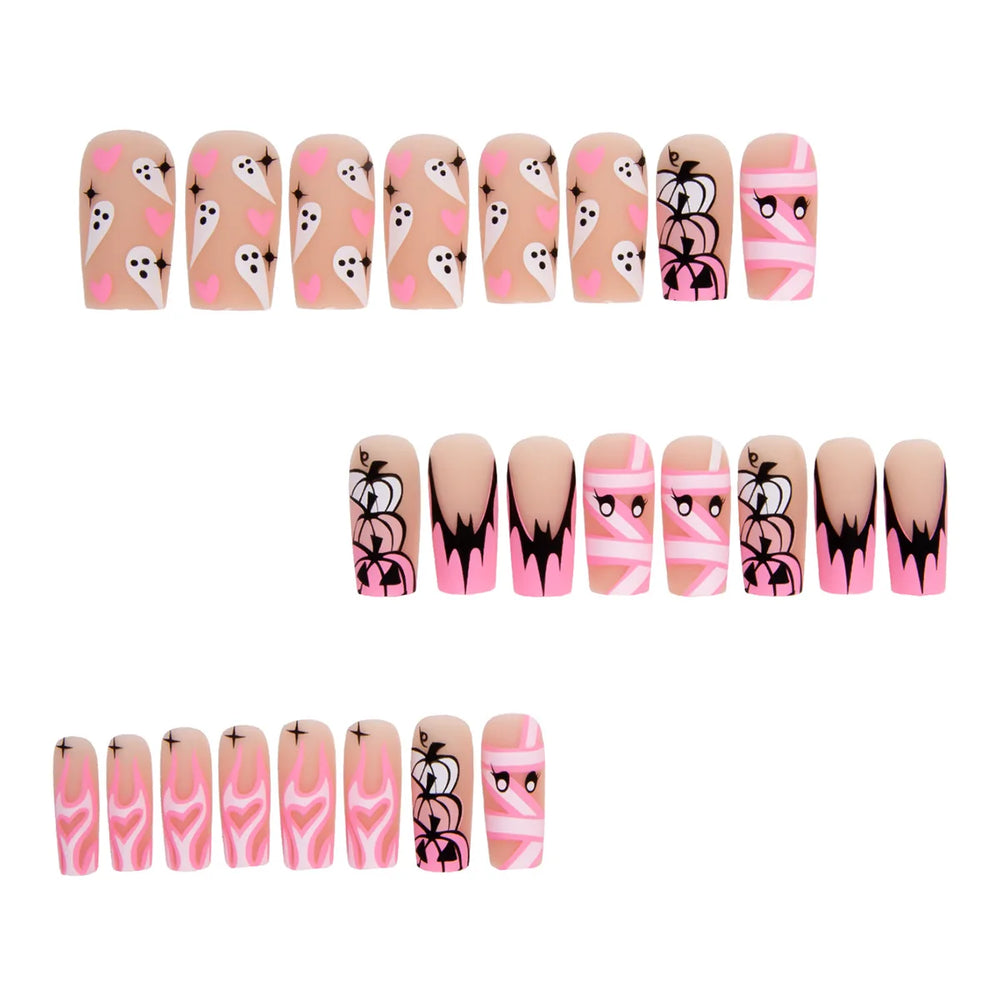 Pink Ombre Ghost & Pumpkin French Press-On Nails – Medium Coffin, 24 Pcs