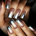 Medium long fake nails for women Gradient nude grey colors Holographic Plated french square style reusable press on false nail