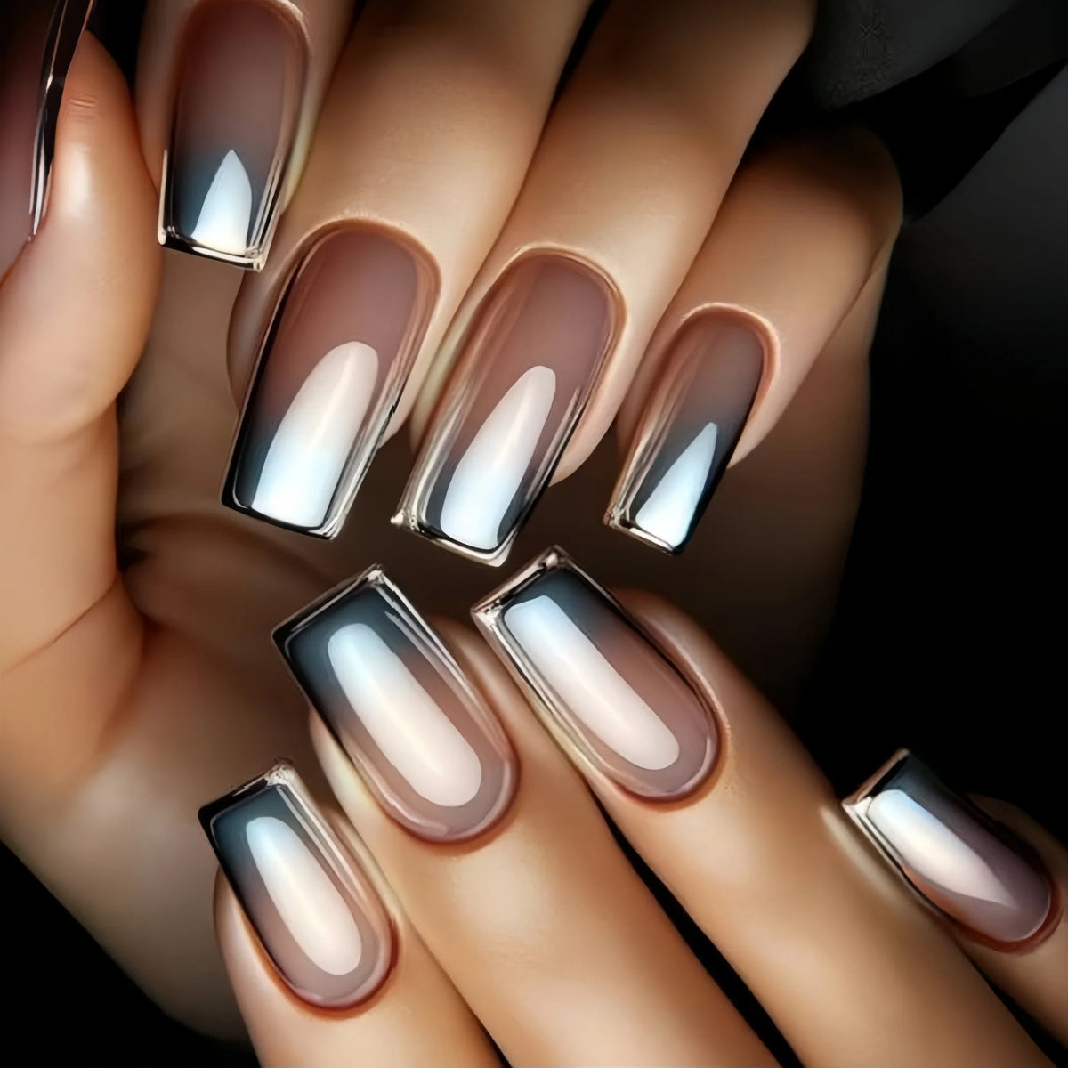 Medium long fake nails for women Gradient nude grey colors Holographic Plated french square style reusable press on false nail
