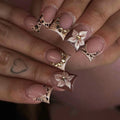Short Square fake nails for women nude brown colors with leopard print 3D flowers rhinestones design full cover press on nails