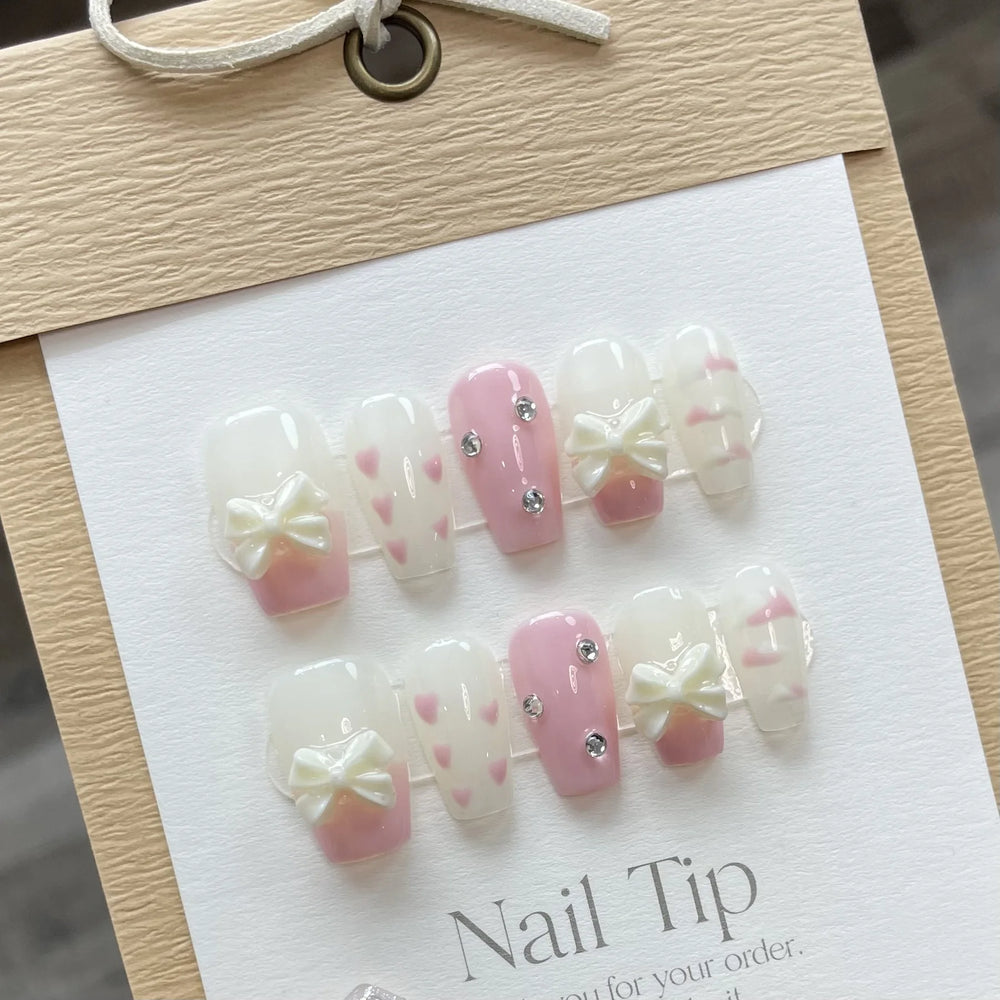 Pink Ballet Bow Handmade Press-On Nails – Coffin, 24 Pcs