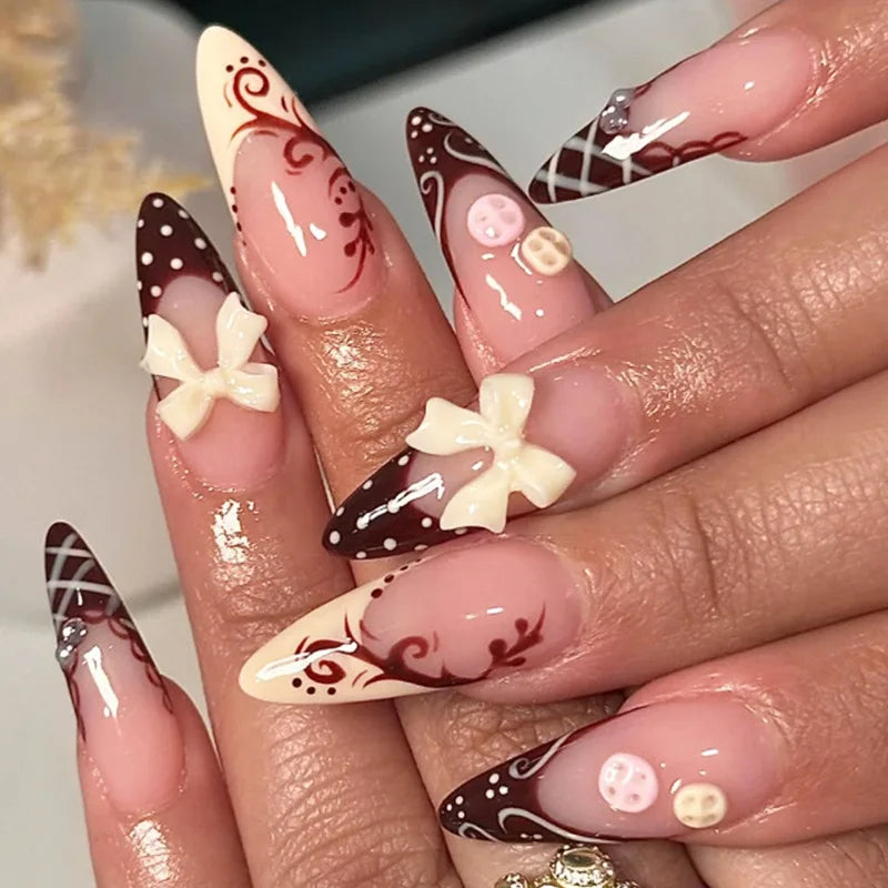 Black Polka Dot Lace 3D Bow Press-On Nails – Almond, 24 Pcs