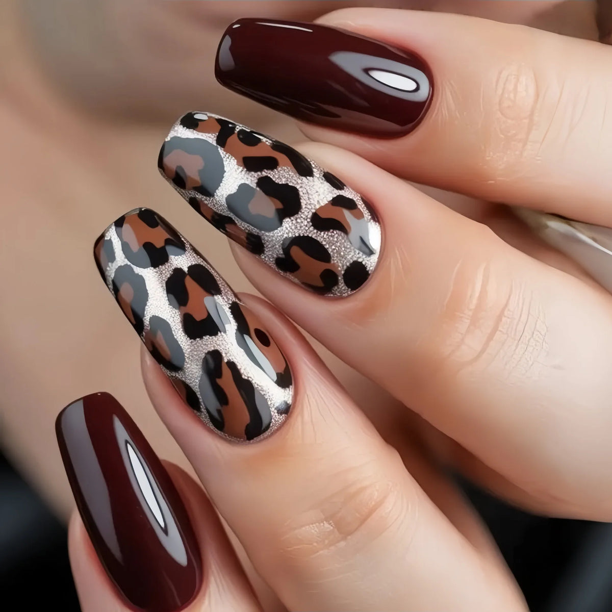 Medium long fake nails for women girls brown black brown leopard printing french Square ballet nail tips press on false nail art