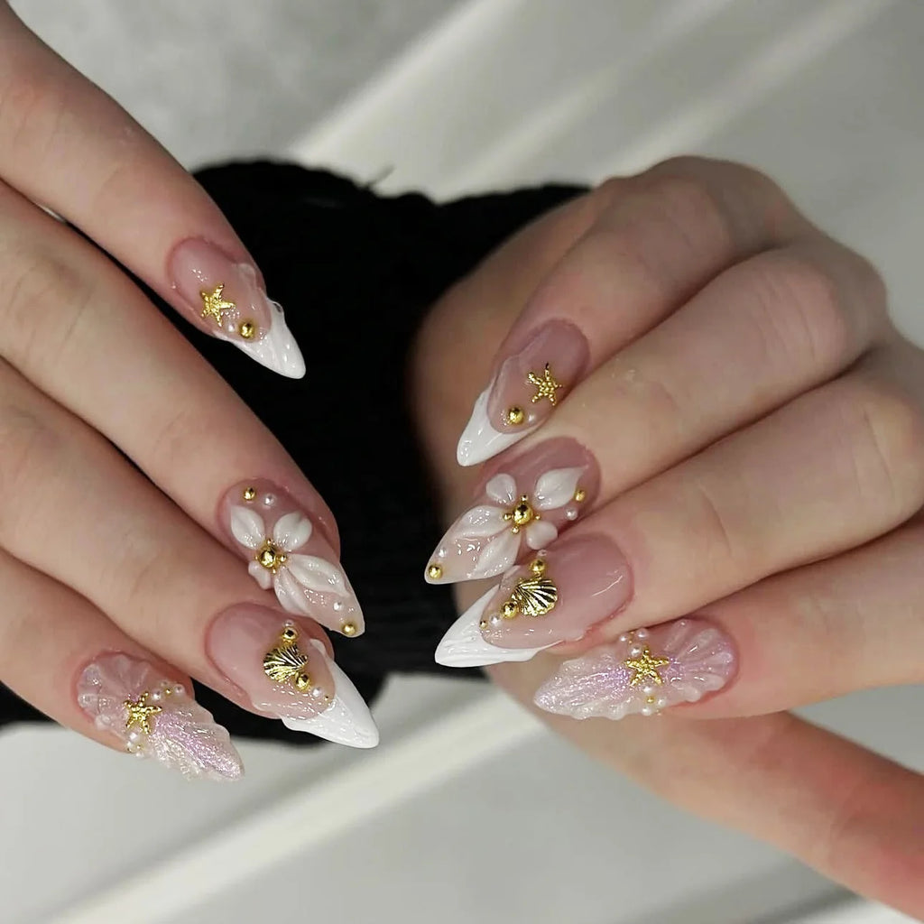 Medium fake nails for women french style Nude white almond nail tips with flowers rhinestones full cover reusable press on nails
