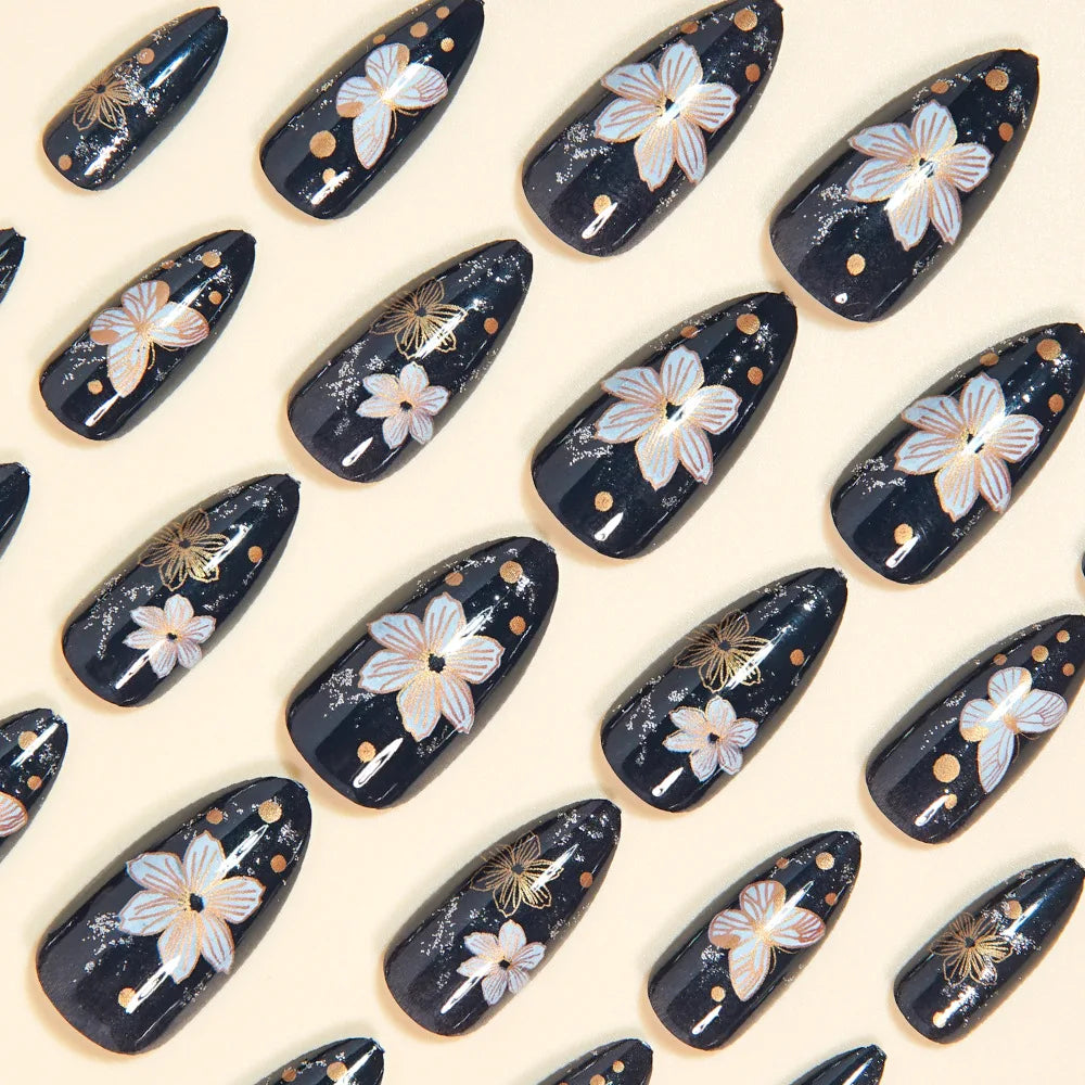24pcs/set fake nails Glossy Navy Black almond nail tips with golden white flowers butterfly polka dots press on false nails art