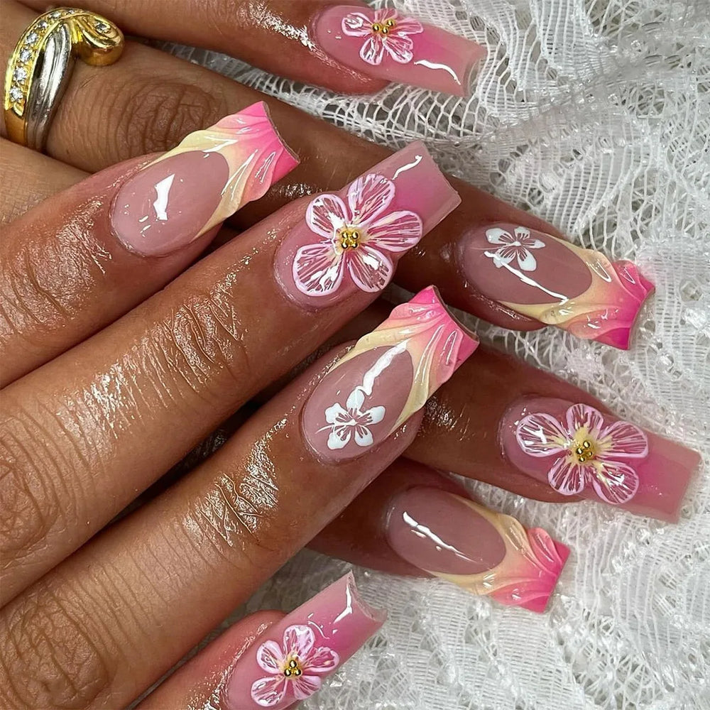 Tropical Hibiscus & Butterfly French Press-On Nails – Almond, 24 Pcs