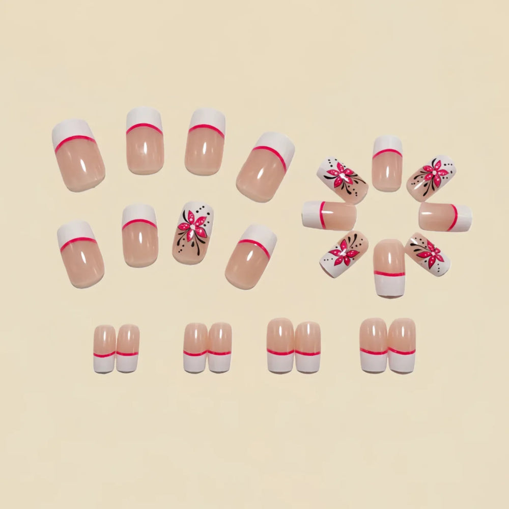 French Stripe Spring Flower Press-On Nails – Black White Pink, Medium Square