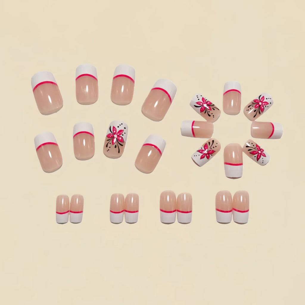Medium fake nails for women girls French strips black white pink Square tips with flowers for Spring summer press on false nail
