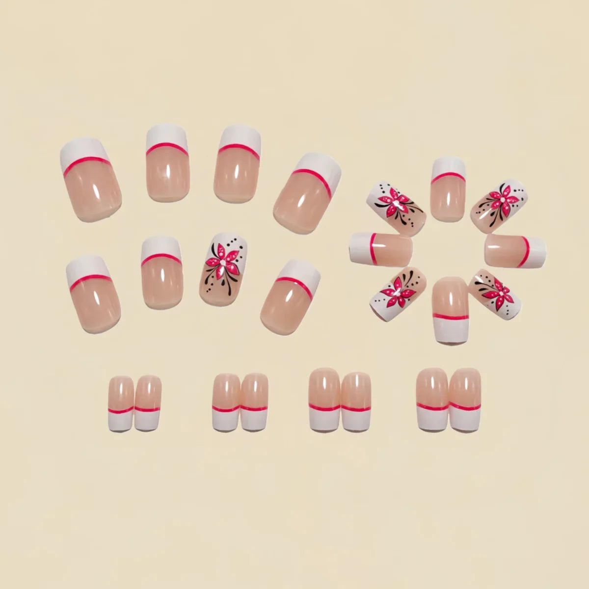 Medium fake nails for women girls French strips black white pink Square tips with flowers for Spring summer press on false nail