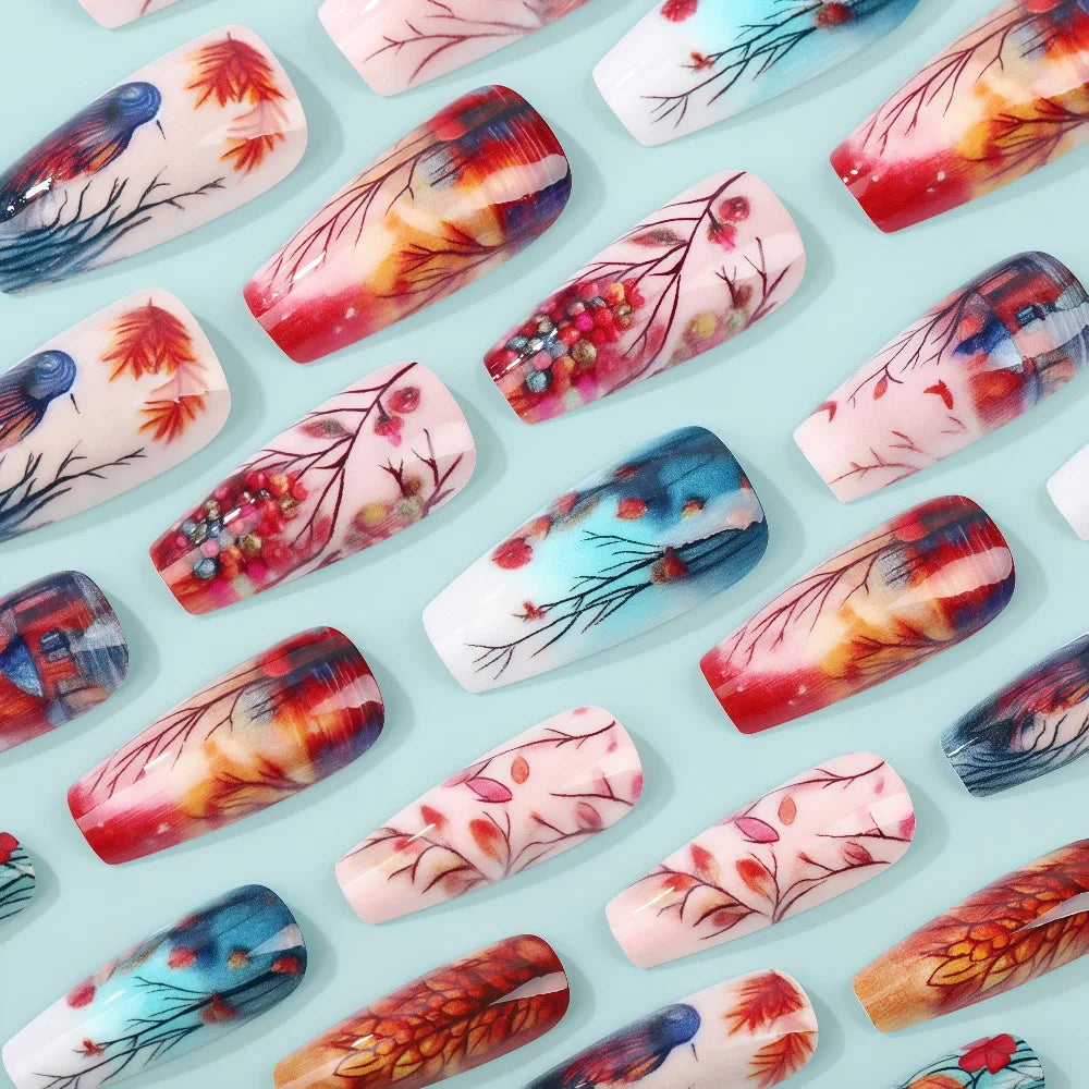 Medium fake nails for women girls gradient red brown maple leaf flora blue nude  full cover press on acrylic false nail art