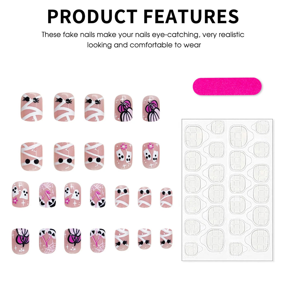 Pink Ghost & Pumpkin French Tip Press-On Nails – Short Square, 24 Pcs