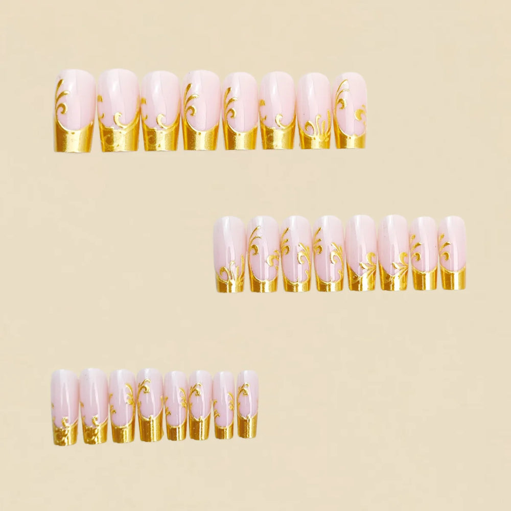 Nude Gold 3D Gilded Floral Press-On Nails – Medium Square