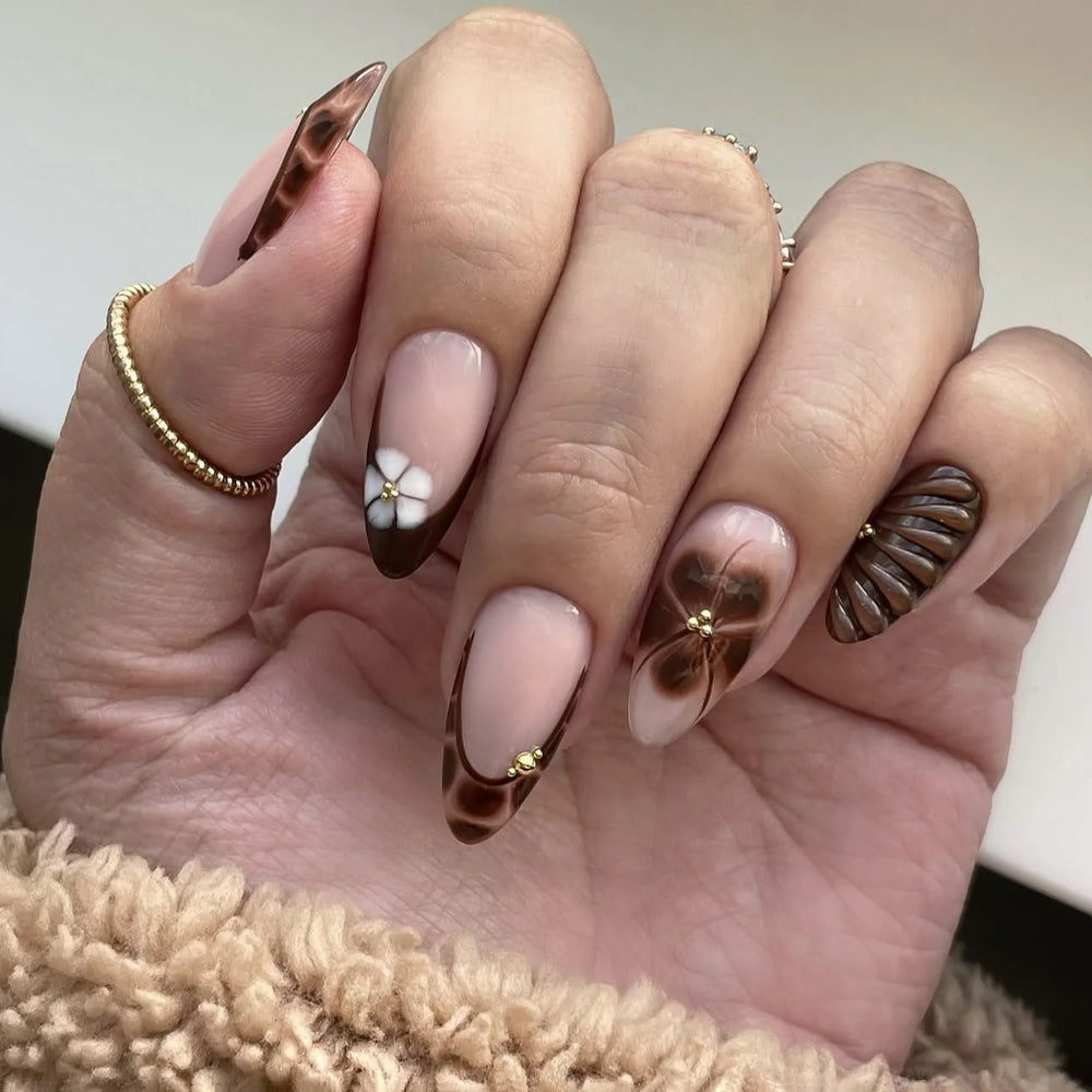 Nude Brown Blue Gradient Flower & Rhinestone Almond Press-On Nails – Medium, 24 Pcs