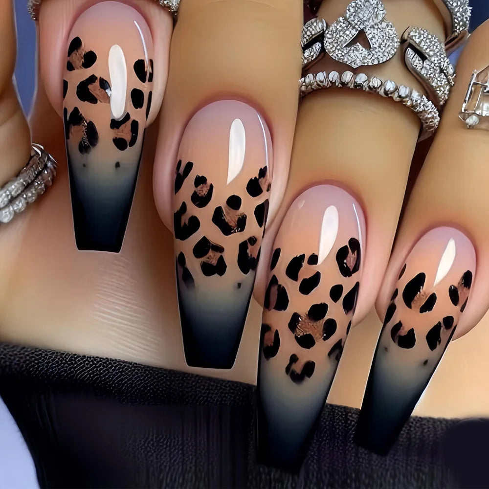 24pcs/set Medium Long Fake Nails for Summer Autumn Winter Leopard Print Y2K Gradient Square Ballet Tips Press On False Nails