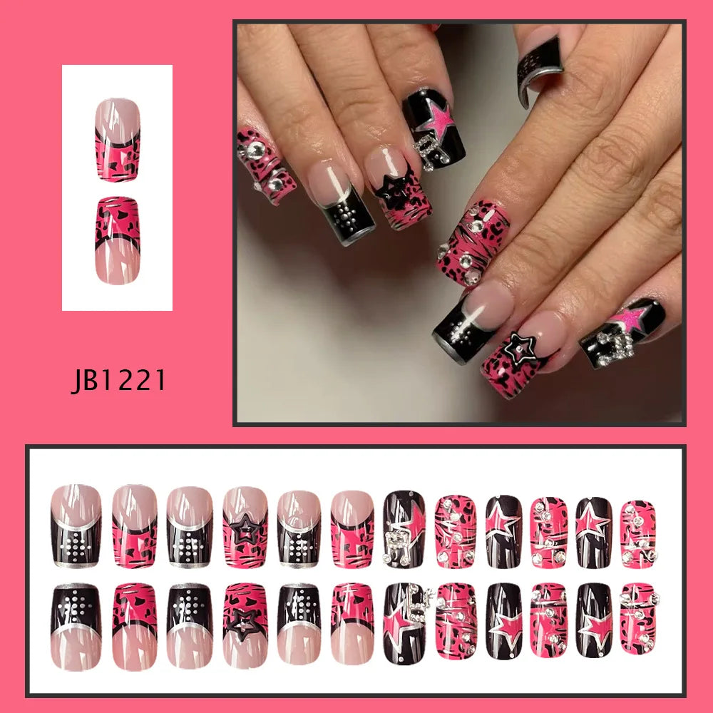 Pink & Black Leopard Star French Press-On Nails – Medium Square, 24 Pcs
