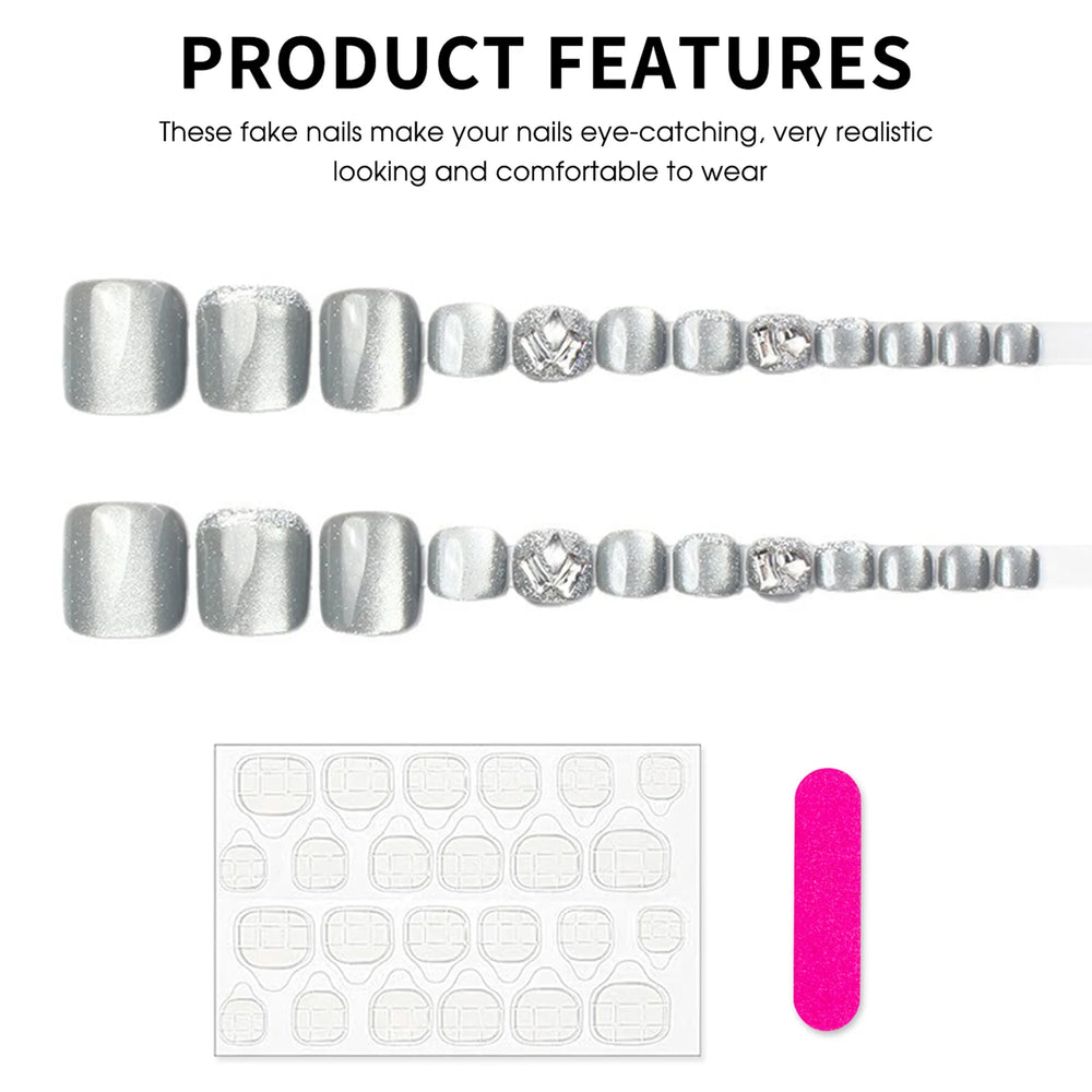 Glossy Cat-Eye French Press-On Toenails – Short Square, 24 Pcs