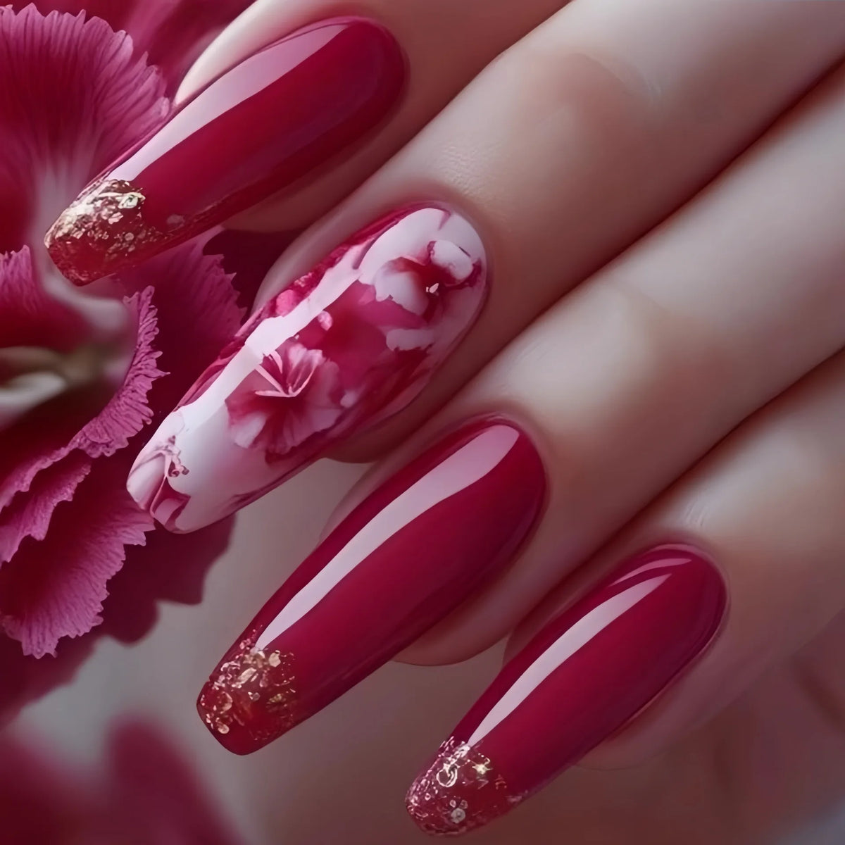 Medium long fake nails for women girls Pink red black flowers for Valentine's Day full cover almond ballet tips press on nail
