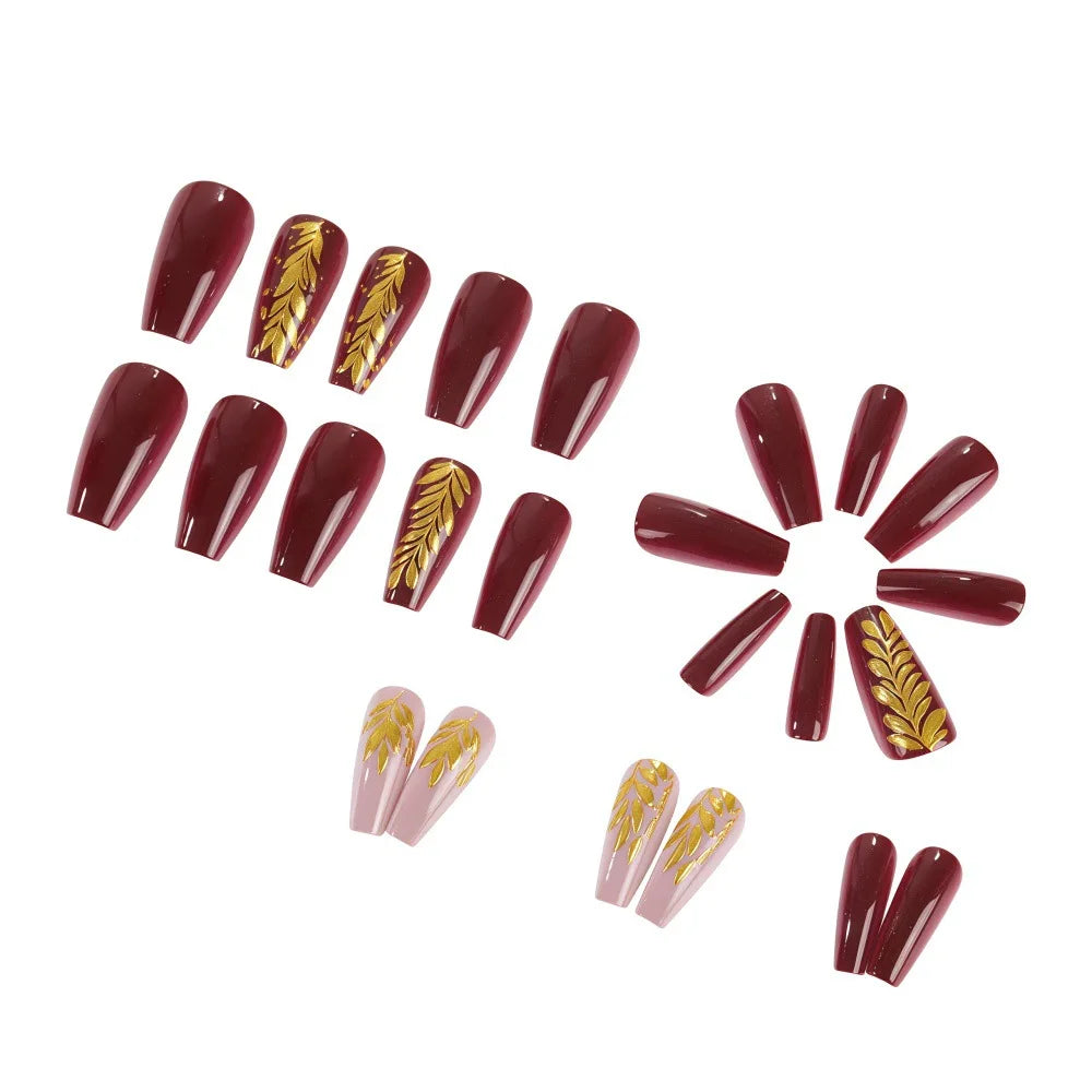 Medium Ballet fake nails for women girls 3D golden gilding flowers leaf new year red full cover nail tips press on false nail