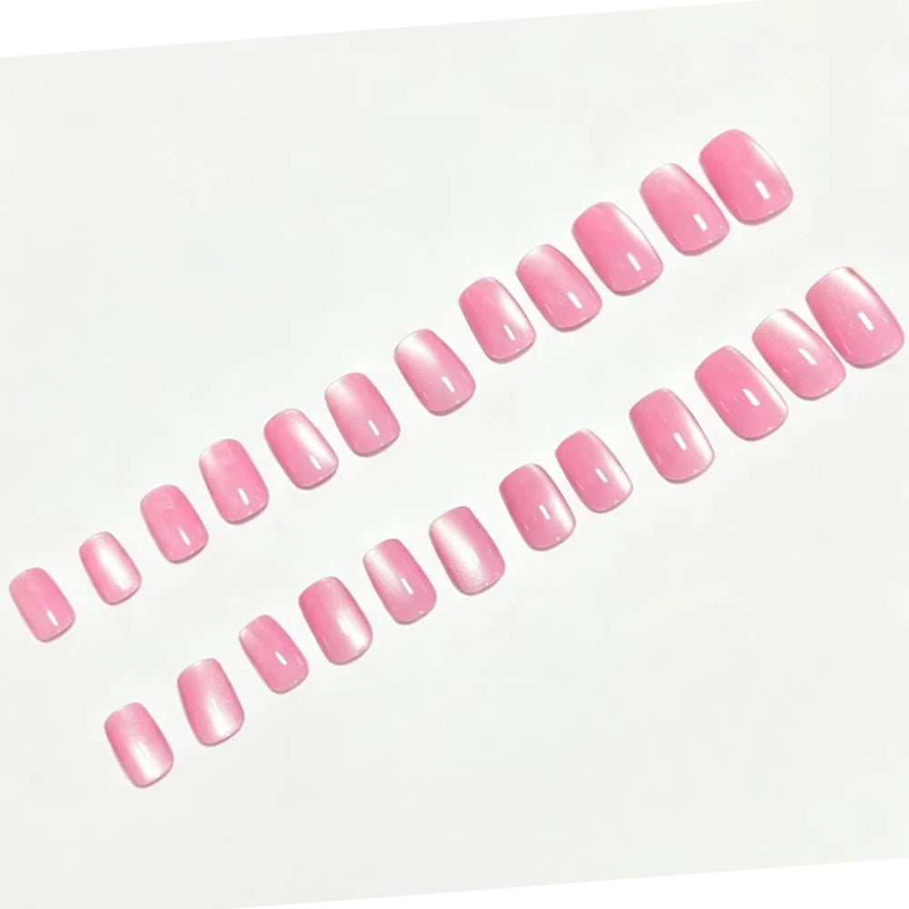 24pcs/set Medium fake nails for women Pink shimmer cat eyes glossy square nail tips full cover reusable press on false nail art