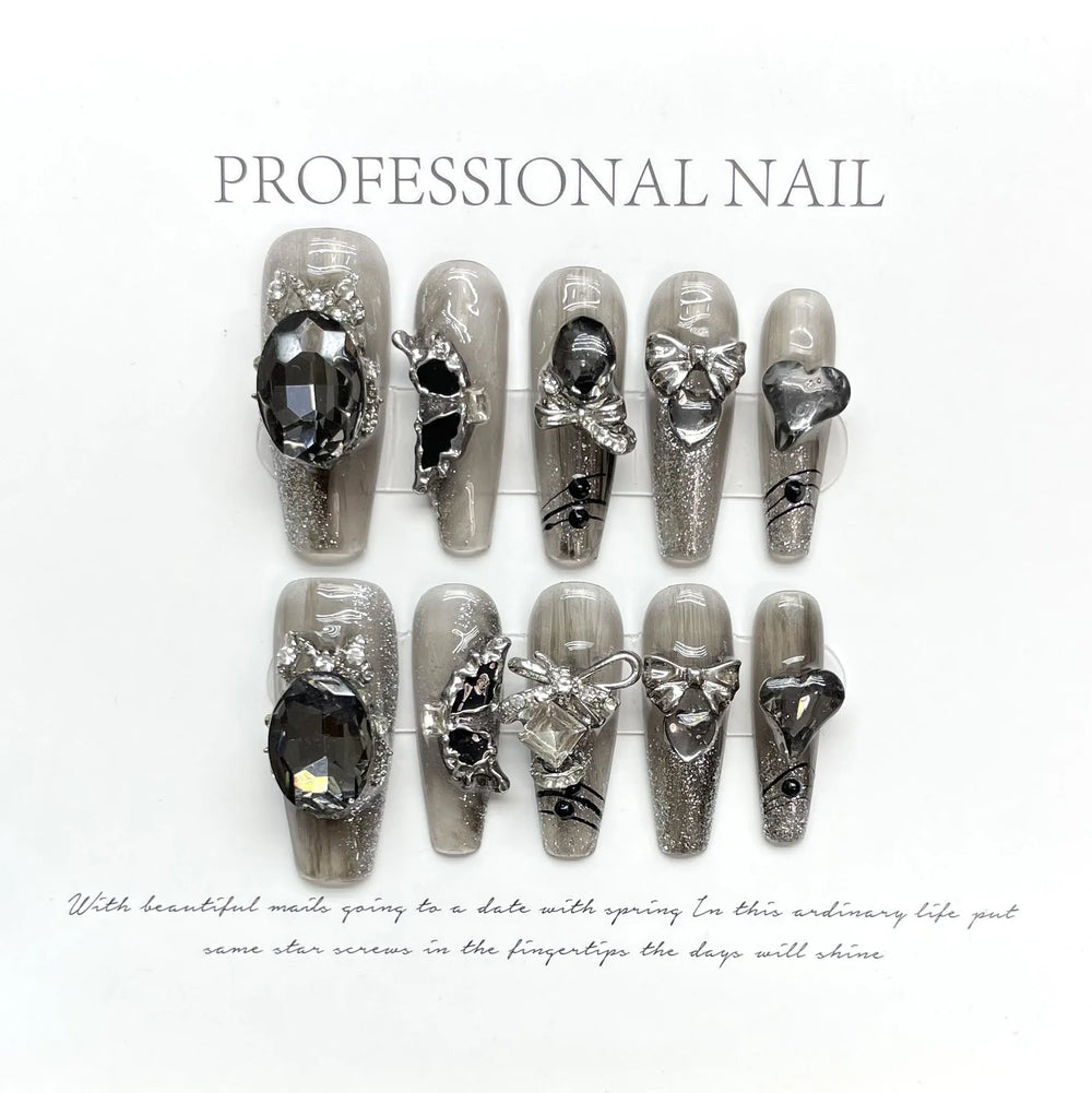Black Chain & Butterfly Punk Handmade Press-On Nails – Long Coffin, 10 Pcs