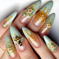 24pcs/set fake nails for women gradient nude green colors with flowers honeybee printing almond full cover press on false nail
