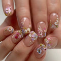 Medium Square fake nails for women girls Flowers butterfly flora design with white french edge tips press on false nail art set