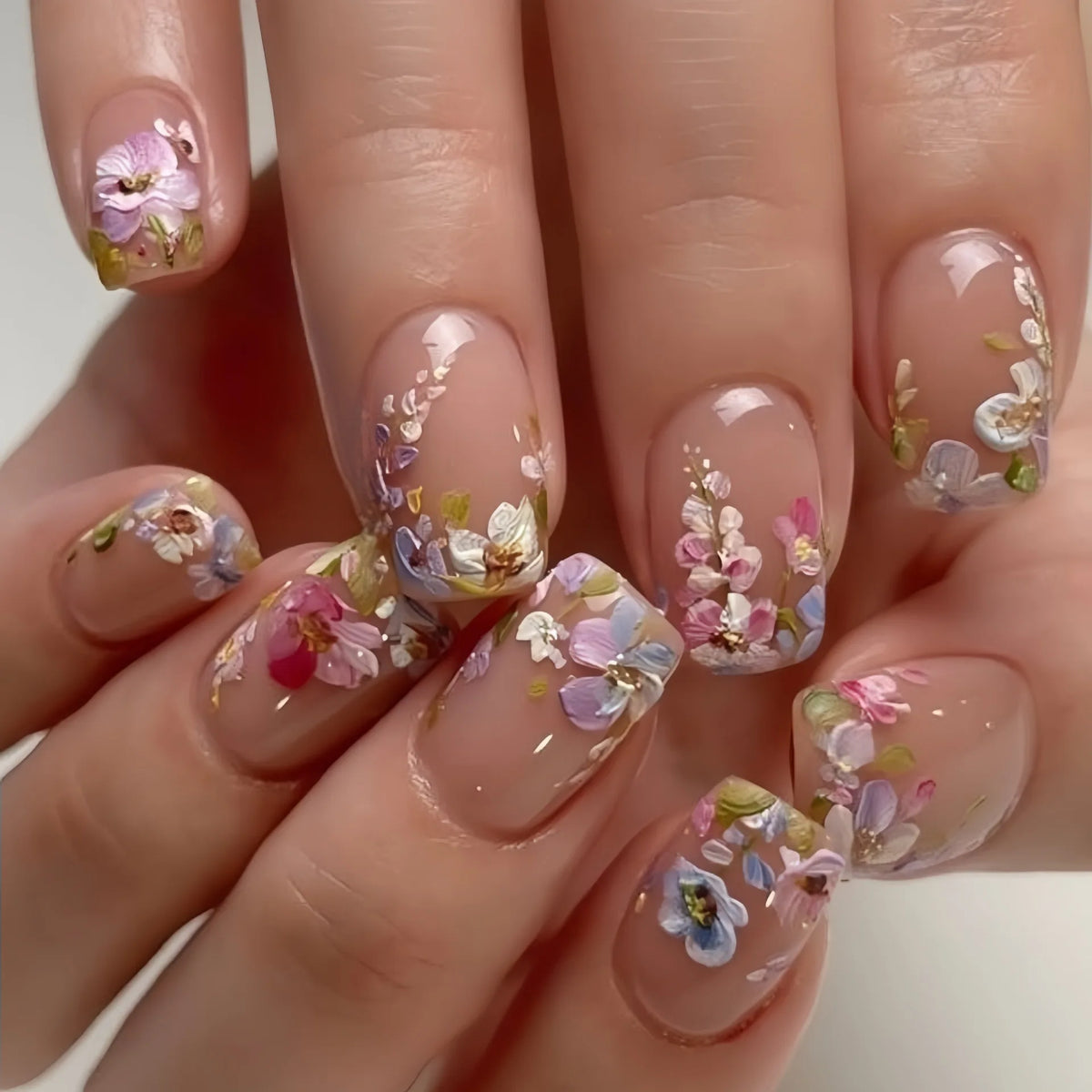 Medium Square fake nails for women girls Flowers butterfly flora design with white french edge tips press on false nail art set