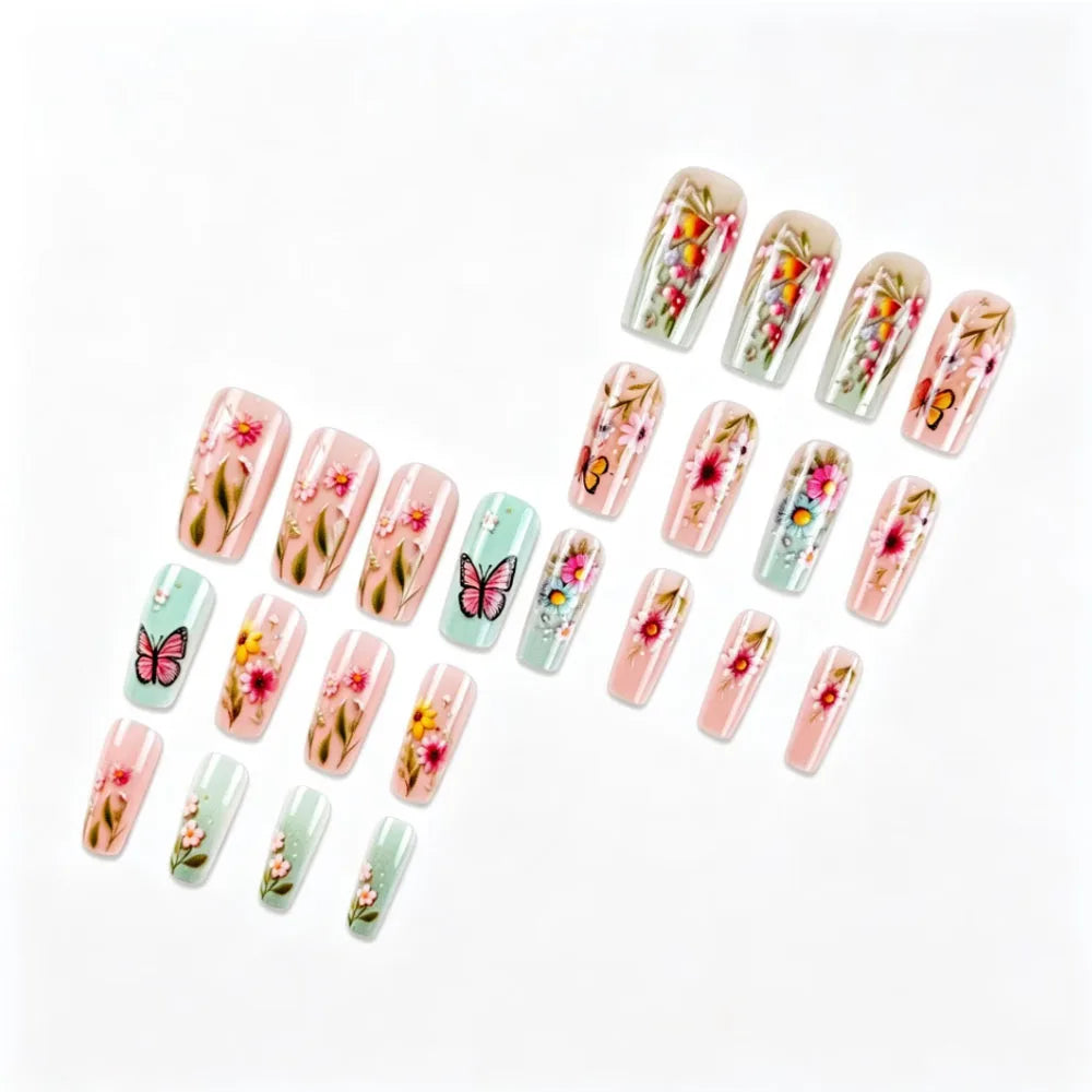 Medium fake nails for women Pink green yellow colors flowers butterfly printing square nail tips full cover press on false nail