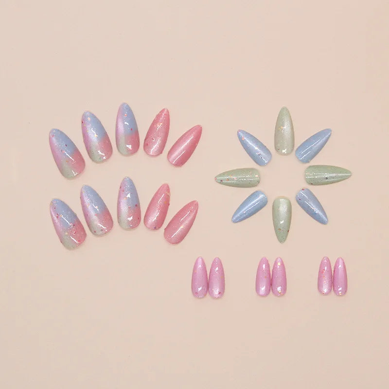 Medium long fake nails for women girls pink blue cat eyes glossy shimmer ballet almond nail tips full cover press on false nail