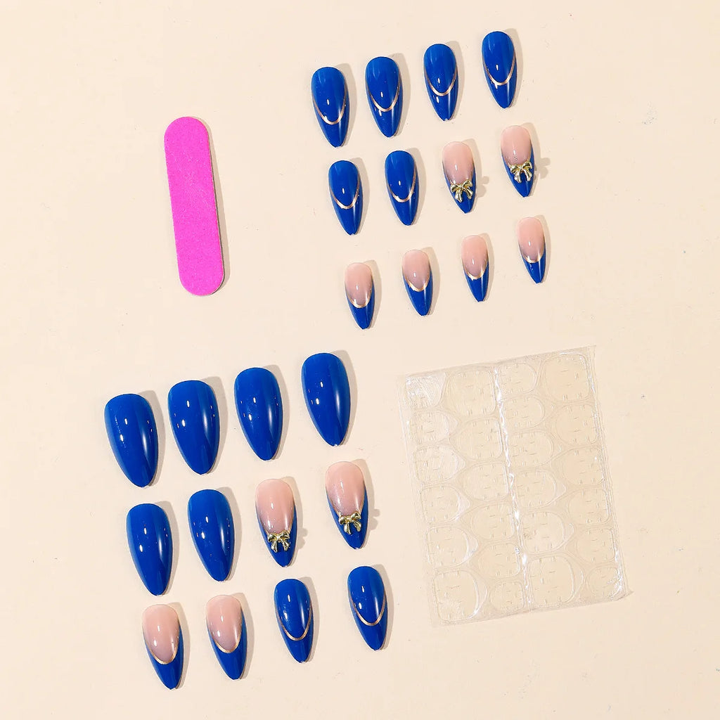 Medium fake nails for women gilrs Nude blue colors with golden strips bow design french style almond nail tips press on nails