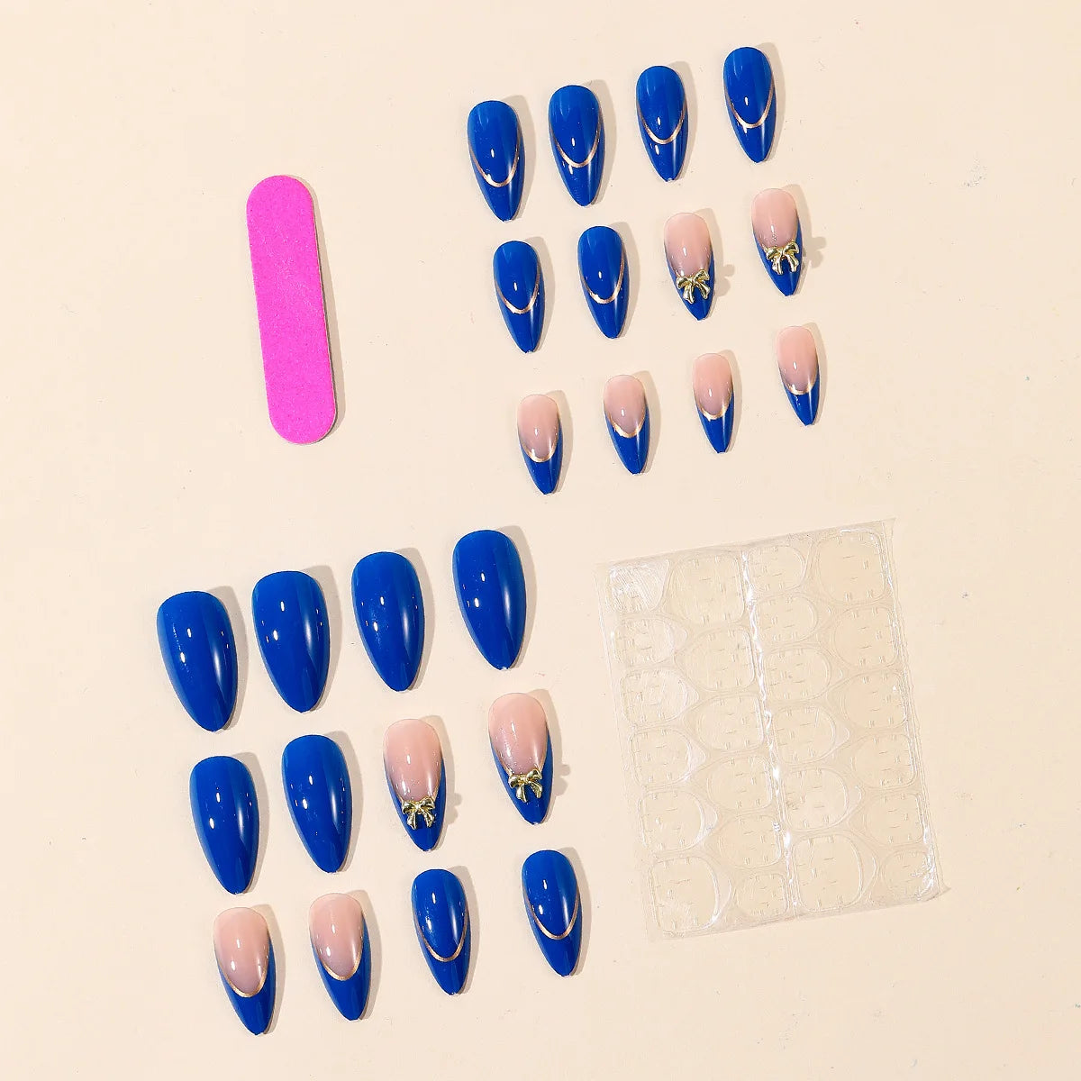 Medium fake nails for women gilrs Nude blue colors with golden strips bow design french style almond nail tips press on nails