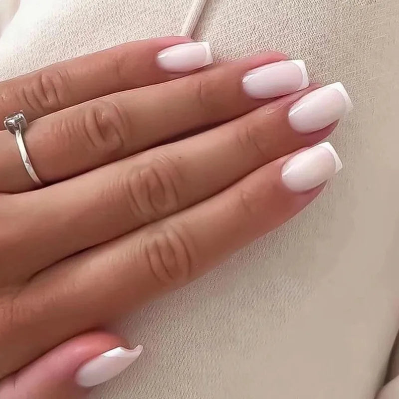 Short Medium fake nails for women gilr light pink white rose french Square nail tips full cover press on acrylic false nail art