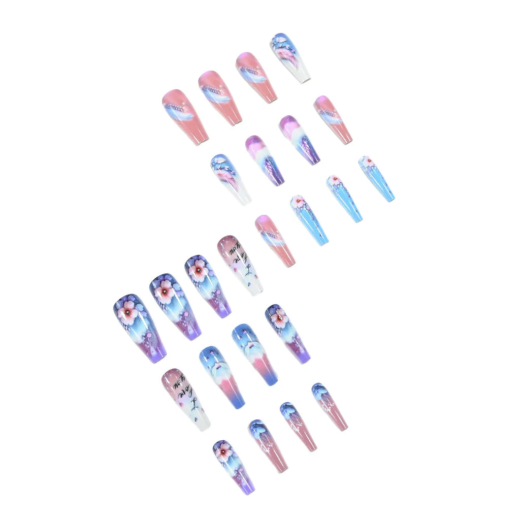 24pcs Long fake nails for women Y2K gradient blue pink flowers cloud red black heart design full cover acrylic press on nails