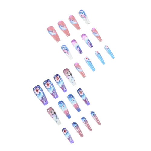 24pcs Long fake nails for women Y2K gradient blue pink flowers cloud red black heart design full cover acrylic press on nails