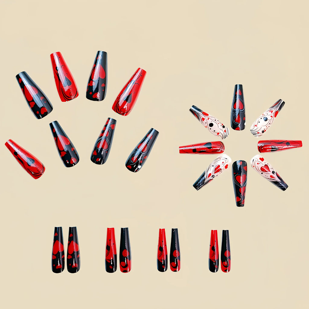 24pcs Long fake nails for women Y2K gradient blue pink flowers cloud red black heart design full cover acrylic press on nails