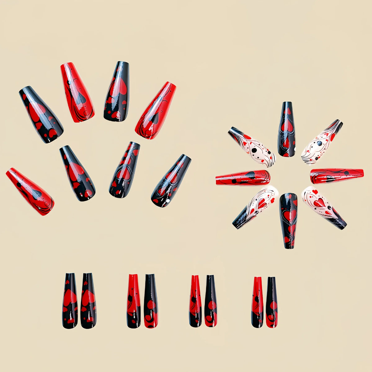24pcs Long fake nails for women Y2K gradient blue pink flowers cloud red black heart design full cover acrylic press on nails