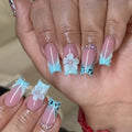Medium fake nails for women gilrs 3D embossed flowers orange blue colors for Spring summer french style press on false nail art