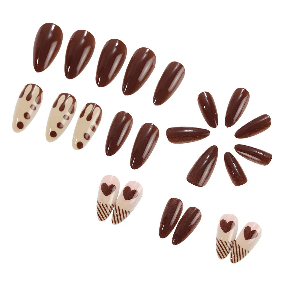 24pcs/set Fake Nails for Women Girls Chocolate Red Heart Design for Valentine's Day Almond Nail Tips Press On False Nail Art Set