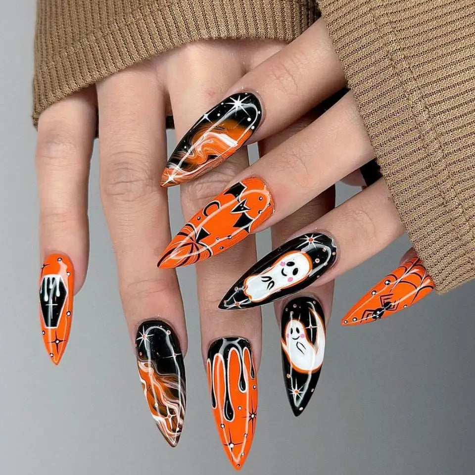 Halloween Spiral Star & Pumpkin Press-On Nails – Almond, 24 Pcs