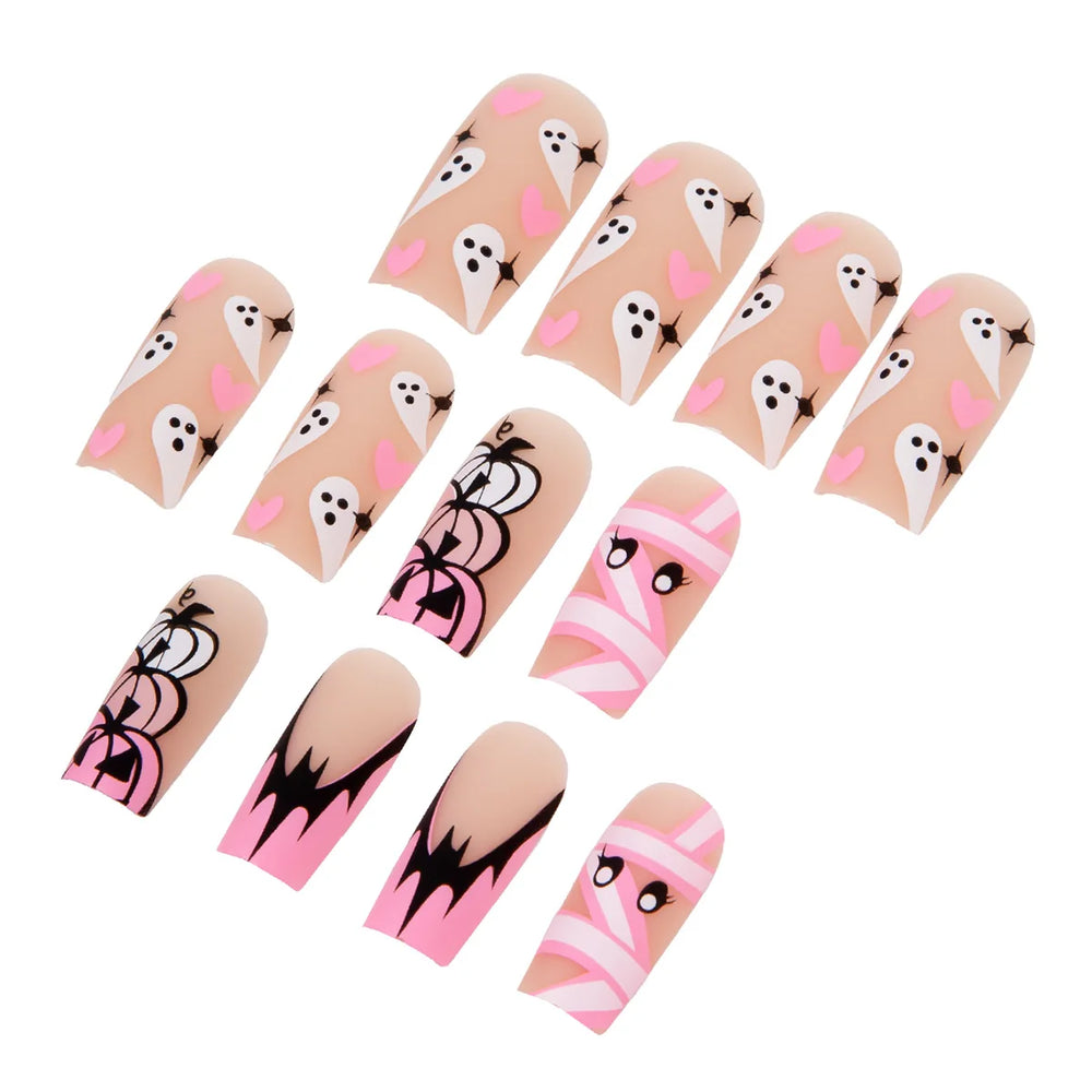 Pink Ombre Ghost & Pumpkin French Press-On Nails – Medium Coffin, 24 Pcs
