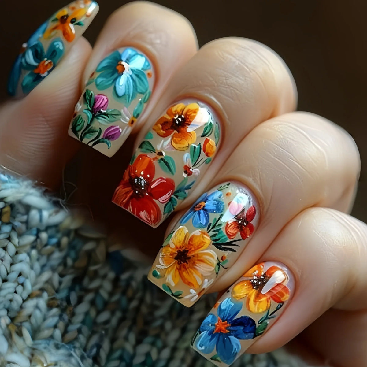 Medium long fake nails for women girls Spring summer flowers flora green blue orange Square ballet tips press on false nail art