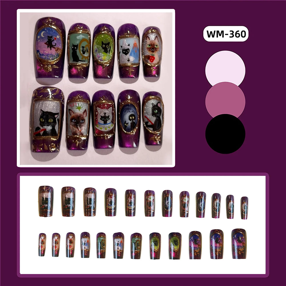 Magic Cat Cartoon Y2K Press-On Nails – Long Square, 24 Pcs