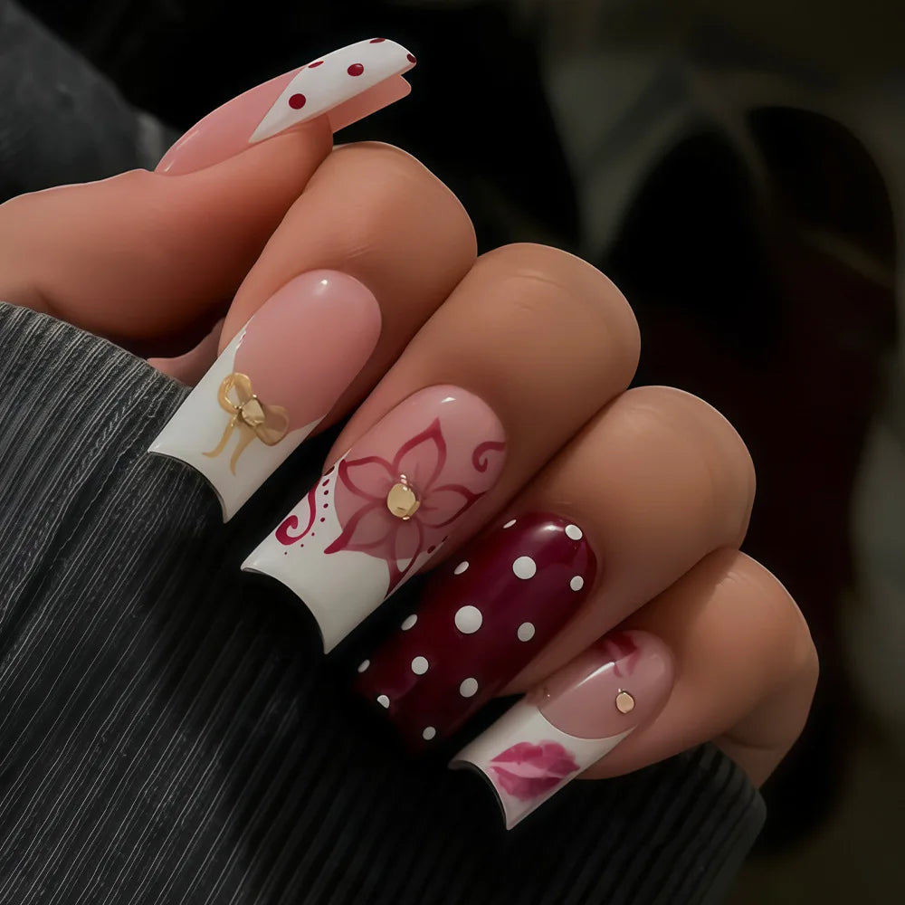 Polka Dot Flower French Press-On Nails – Medium Coffin, 24 Pcs