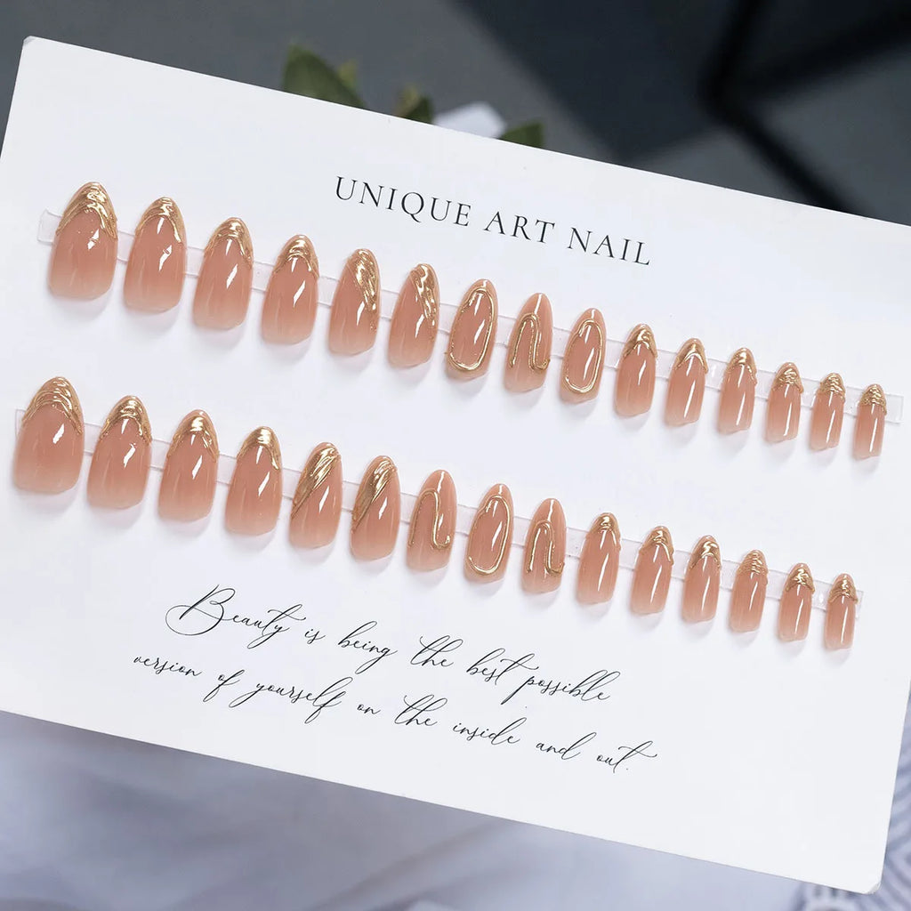 3D Medium fake nails for women gilrs Nude almond nail tips with golden frame strips full cover press on acrylic false nail art