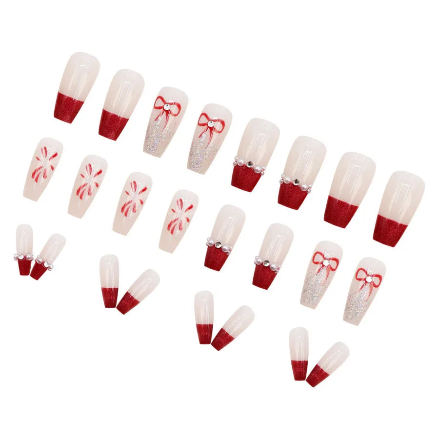 Medium fake nails for women white red ballet nail tips with pearls rhinestones glitters design full cover press on false nail